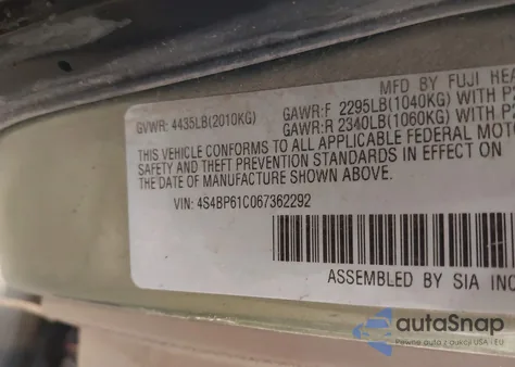 2006 Subaru Outback 2.5I из США, поврежденный, VIN 4S4BP61C067362292